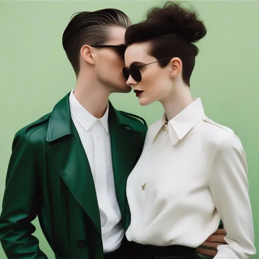 Prompt: full body shot shot of a young {man} with moderate length deep dark brown short slicked back pompadour hair with shaved sides and pale skin, wearing a dark brown trench jacket and white collared shirt with a plack tie, black pants and black boots, round glasses, green shades with emerald lenses, handsome; he is hugging a petite woman with messy very short chestnut pixie undercut with trimmed sides and tannedskin. rpg art. Star trek art. 2d art. 2d
