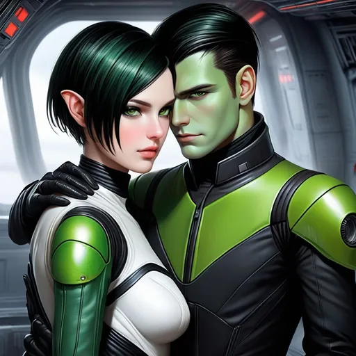 Prompt: A green skinned scifi green female with green skin, she has short black bob hair, well drawn green face, uniform, her skin is green, she has green skin. hugging with a Handsome caucasian male scifi pilot with very short slicked back (brown) pompadour undercut hair, fully dark entirely jet black leather jacket. green eyes, his skin is normal pale. detailed. star wars art. 2d art. 2d