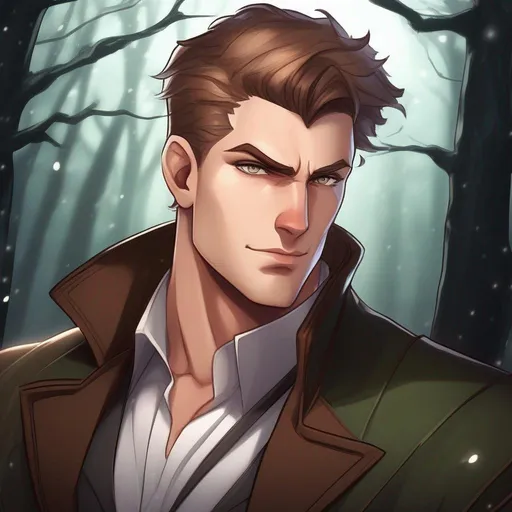 Prompt: waist up immage, highest quality anime art masterpiece, digital drawing, tall muscular bulky caucasian male sorcerer casting magic,  wearing mantle, with freckles very short brown slicked back pompadour undercut hair with shaved sides:vistani, melancholic, in a forest on a dark foggy night, big sad slant brown eyes, pale milky skin:2, waxing moon, round shaven face, broad cheeks, ethereal, trimmed face, highres, realistic, highly detailed, fantasy, european, irish, D&D, Ravenloft, by Ilya Kuvshinov