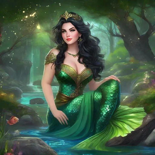 Prompt: fantasy book cover, a plump curvy thick buxom black haired mermaid princess with brown highlights in her very short messy wavy bob hair, mermaid fae, tall and willowy and pretty, soft freckles, big large green eyes, pointed ears, intricate blue and green gown, pointy ears, iron palace gray metal, landscape beautiful pine forest, fishlail, Carne Griffiths, Michael Garmash, Frank Frazetta, Castle Background, Victo Ngai, Detailed, Vibrant, Sharp Focus, Character Design, Wlop, Kuvshinov, Character Design, TXAA, 32k, Highly Detailed, Dynamic Pose, Intricate Motifs, Organic Tracery, Perfect Composition, Digital Painting, Artstation, Smooth, Sharp Focus, Illustration, hyperdetailed, greg rutkowski