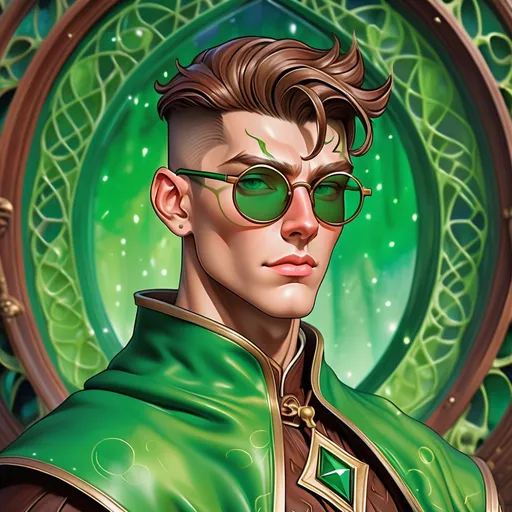 Prompt: portrait of an irish adult beautiful handsome brown haired man, very short slicked back pompadour undercut with shaved sides and chestnut wisps, wearing a sorcerer mantle and round glasses, green mirror shades with emerald lenses round face, broad cheeks, muscular, intricate, sharp focus, in the style of Ivan Bilibin, Ernst Haeckel, Daniel Merriam, watercolor and ink