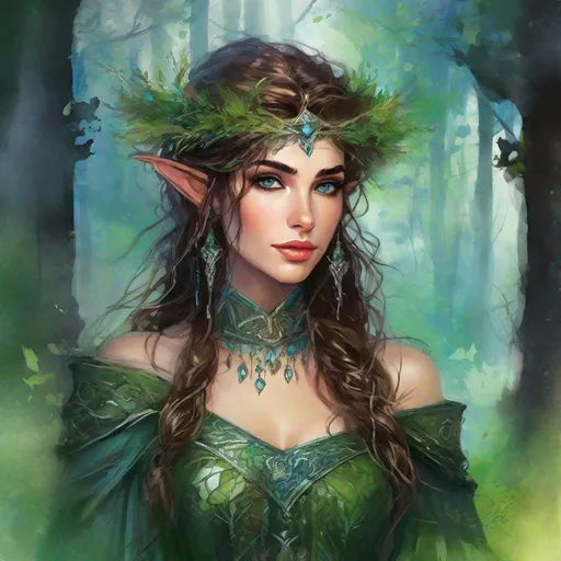 Prompt: fantasy book cover, a dark chesnut haired elven princess with brown highlights in her very extremely er long short messy curly pixie hair, elf fae, tall and willowy and pretty, soft freckles, big large green eyes, pointed ears, intricate blue and green gown, pointy elvish ears, iron palace gray metal, landscape beautiful pine forest, Carne Griffiths, Michael Garmash, Frank Frazetta, Castle Background, Victo Ngai, Detailed, Vibrant, Sharp Focus, Character Design, Wlop, Kuvshinov, Character Design, TXAA, 32k, Highly Detailed, Dynamic Pose, Intricate Motifs, Organic Tracery, Perfect Composition, Digital Painting, Artstation, Smooth, Sharp Focus, Illustration, hyperdetailed, greg rutkowski