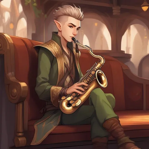 Prompt: A young elf mage with very short brown mohawk and pale skin. He plays a saxophone, has a sword on the left side and sits on a coach.
Smooth skin, detailed, well draw face. Rpg art. 2d art. 2d.