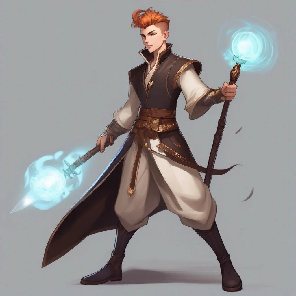 Prompt: A young male mage with very short extremely deep dark brown slicked back pompadour undercut with ginger highlights and shaved sides, very pale milky skin. He wields a magic staff, potions on his belt, soft feminine body features. Smooth skin, detailed, well drawn face. Rpg art. 2d art. 2d.