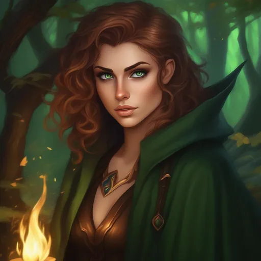 Prompt: highest quality anime art masterpiece, digital drawing, tiny skinny caucasian female sorceress, wearing mage mantle, , very short wavy brown pixie undercut hair with shaved sides:vistani, dark female makeup, huge hooked aquiline persian nose, melancholic, in a forest on a dark foggy night, big sad slant feline green eyes, tanned skin:2, waxing moon, ethereal, highres, realistic, highly detailed, fantasy, eastern european, ukrainian, D&D, Ravenloft, by Ilya Kuvshinov