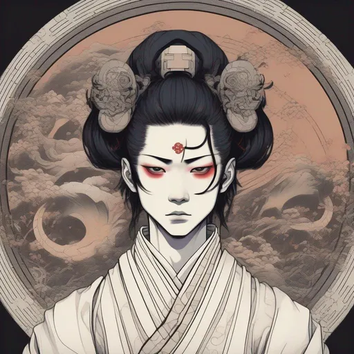 Prompt: Japanese androgynous caucasian teenage male boy geisha, slightly masculine, cyberpunk cyborg with onen body parts, open hair, limitless, art, circle, one color background, by Hokusai and James Gurney,