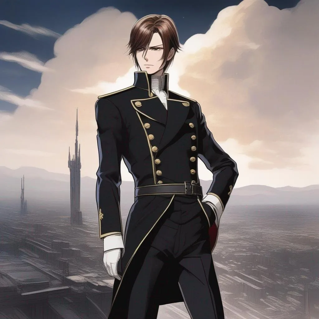 Prompt: A portrait of a Full body of a male humanoid with a pale skin tone and a very short brown slicked back pompadour undercut with trimmed sides and chestnut highlights, green glowing eyes, scarred face, He wears a futiristic entirely jet black suit. Akira art. Anime art. Captain Harlock art. Leiji Matsumoto art. 2d art. 2d. well drawn face. detailed.