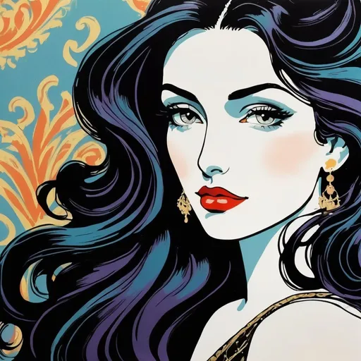 Prompt: Luxurious imperatrice, neo-fauvist screenprint. armeinian buxom female with huge big long hooked aquiline arabian nose, long black wavy hair, Beautiful, extremely detailed 