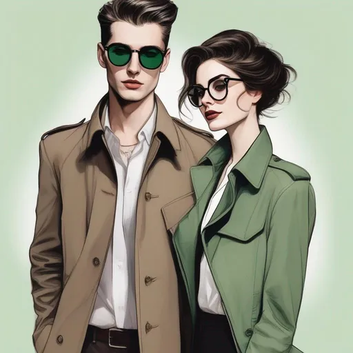 Prompt: full body shot shot of a young {man} with moderate length deep dark brown short slicked back pompadour hair with shaved sides and pale skin, wearing a dark brown trench jacket and white collared shirt with a plack tie, black pants and black boots, round glasses, green shades with emerald lenses, handsome; he is hugging a petite woman with messy very short chestnut pixie undercut with trimmed sides and tannedskin. rpg art. Star trek art. 2d art. 2d