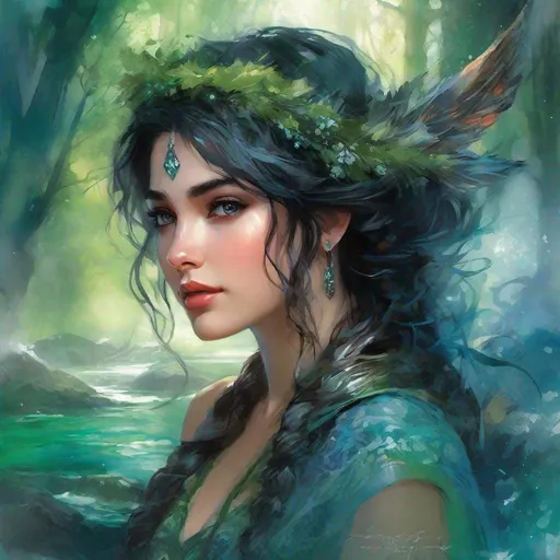 Prompt: fantasy book cover, a plump black haired mermaid princess with brown highlights in her very short messy wavy bob hair, mermaid fae, tall and willowy and pretty, soft freckles, big large green eyes, pointed ears, intricate blue and green gown, pointy ears, iron palace gray metal, landscape beautiful pine forest, fishlail, Carne Griffiths, Michael Garmash, Frank Frazetta, Castle Background, Victo Ngai, Detailed, Vibrant, Sharp Focus, Character Design, Wlop, Kuvshinov, Character Design, TXAA, 32k, Highly Detailed, Dynamic Pose, Intricate Motifs, Organic Tracery, Perfect Composition, Digital Painting, Artstation, Smooth, Sharp Focus, Illustration, hyperdetailed, greg rutkowski