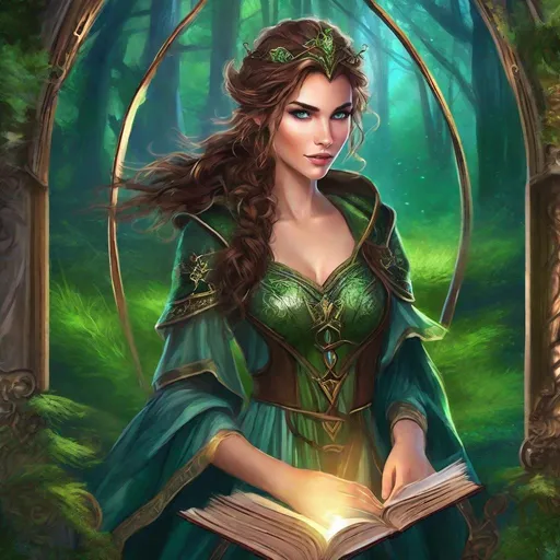 Prompt: fantasy book cover, a dark chesnut haired elven princess with brown highlights in her very extremely er long short messy curly pixie hair, tanned, elf fae, tall and willowy and pretty, soft freckles, big large green eyes, pointed ears, intricate blue and green gown, pointy elvish ears, iron palace gray metal, landscape beautiful pine forest, Carne Griffiths, Michael Garmash, Frank Frazetta, Castle Background, Victo Ngai, Detailed, Vibrant, Sharp Focus, Character Design, Wlop, Kuvshinov, Character Design, TXAA, 32k, Highly Detailed, Dynamic Pose, Intricate Motifs, Organic Tracery, Perfect Composition, Digital Painting, Artstation, Smooth, Sharp Focus, Illustration, hyperdetailed, greg rutkowski