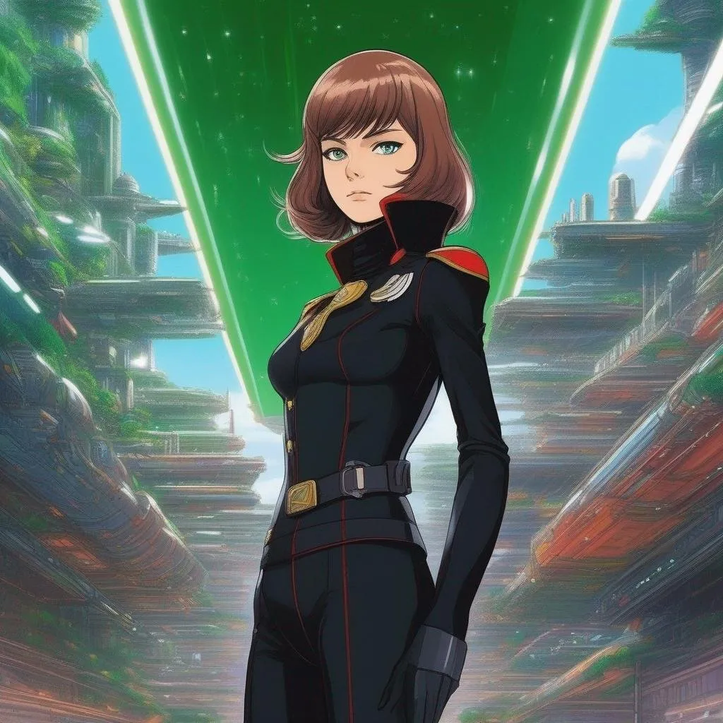 Prompt: Whole body. Full Figure, from distance. a Young noble woman in 22nd century, black scifi uniform. Cute. short chetnut pixie hairs. emerald eyes. Akira art. Anime art. Captain Harlock art. Leiji Matsumoto art. 2d art. 2d. well draw face. detailed.