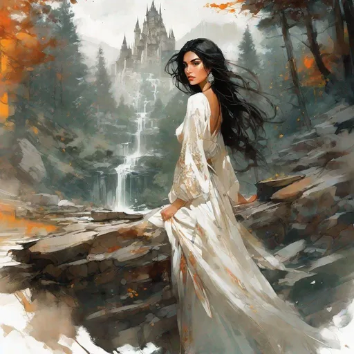 Prompt: fantasy book cover, a black haired armenian woman with long hair, which, tall and willowy and pretty, soft freckles, big large brown eyes, enchantress, intricate brown and white dress, wearing old attire, iron palace gray metal, landscape beautiful pine forest, Carne Griffiths, Michael Garmash, Frank Frazetta, Castle Background, Victo Ngai, Detailed, Vibrant, Sharp Focus, Character Design, Wlop, Kuvshinov, Character Design, TXAA, 32k, Highly Detailed, Dynamic Pose, Intricate Motifs, Organic Tracery, Perfect Composition, Digital Painting, Artstation, Smooth, Sharp Focus, Illustration, hyperdetailed, greg rutkowski