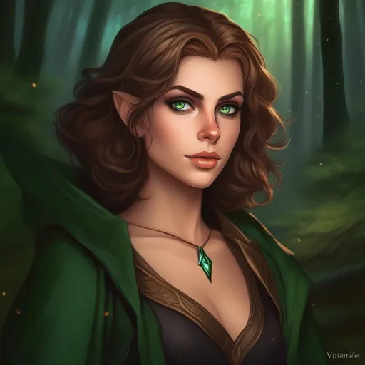 Prompt: highest quality anime art masterpiece, digital drawing, tiny skinny caucasian female sorceress, wearing mage mantle, , very short wavy brown pixie undercut hair with shaved sides:vistani, dark female makeup, huge hooked aquiline persian nose, melancholic, in a forest on a dark foggy night, big sad slant feline green eyes, tanned skin:2, waxing moon, ethereal, highres, realistic, highly detailed, fantasy, eastern european, ukrainian, D&D, Ravenloft, by Ilya Kuvshinov