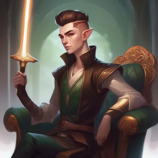 Prompt: A young elf mage with very short 
 extremely deep dark brown slicked back pompadour undercut with ginger highlights and shaved sides, very pale milky skin. He swings a magic staff, has a sword on the left side and sits on a couch. soft feminine body features. Smooth skin, detailed, well drawn face. Rpg art. 2d art. 2d.