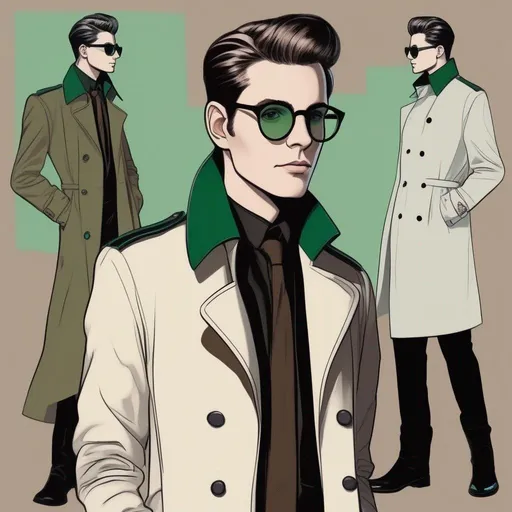 Prompt: full body shot shot of a young {man} with moderate length deep dark brown short slicked back pompadour hair with shaved sides and pale skin, wearing a dark brown trench jacket and white collared shirt with a black tie, black pants and black boots, round glasses, green shades with emerald lenses, handsome. rpg art. Star trek art. 2d art. 2d