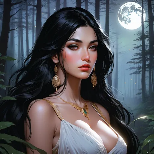 Prompt: highest quality anime art masterpiece, digital drawing, armenian woman with long black hair:vistani, sad in a forest on a dark foggy night, mocha skin:2, waxing moon, ethereal, jewelry set, highres, realistic, highly detailed, fantasy, gypsy, roma, D&D, Ravenloft, by Ilya Kuvshinov