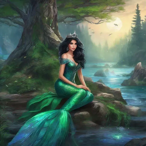 Prompt: fantasy book cover, a buxom jet black haired mermaid princess with brown highlights in her very short messy wavy bob hair, mermaid fae, tall and willowy and pretty, soft freckles, big large green eyes, pointed ears, intricate blue and green gown, pointy ears, iron palace gray metal, landscape beautiful pine forest, sit on sone, fishlail, Carne Griffiths, Michael Garmash, Frank Frazetta, Castle Background, Victo Ngai, Detailed, Vibrant, Sharp Focus, Character Design, Wlop, Kuvshinov, Character Design, TXAA, 32k, Highly Detailed, Dynamic Pose, Intricate Motifs, Organic Tracery, Perfect Composition, Digital Painting, Artstation, Smooth, Sharp Focus, Illustration, hyperdetailed, greg rutkowski