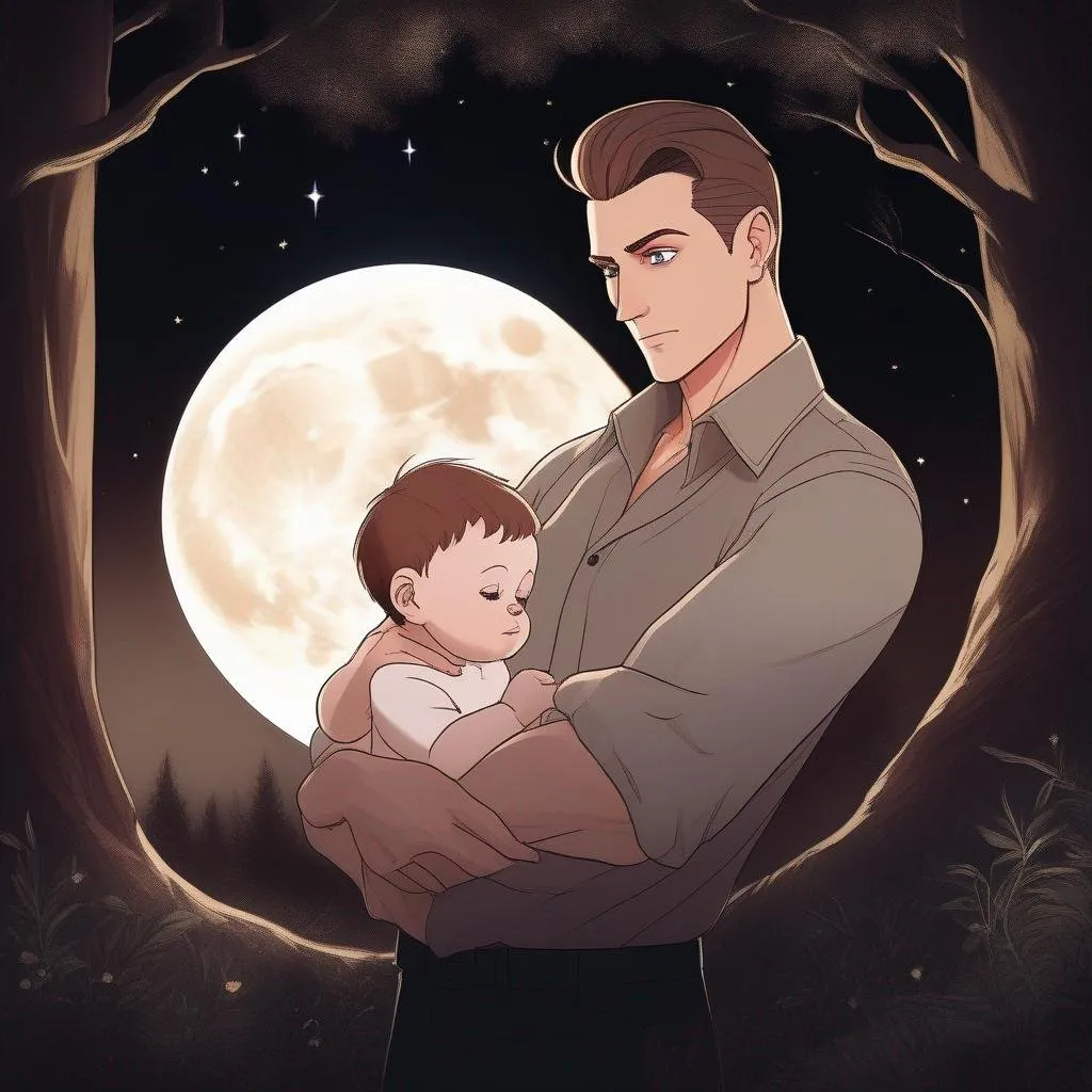 Prompt: highest quality anime art masterpiece, digital drawing, caucasian man with very short brown slicked back pompadour undercut hair:vistani, melancholic, in a forest on a dark foggy night, holding a newborn child in his arms, bid sad slant brown eyes, pale milky skin:2, waxing moon, round face, broad cheeks, ethereal, jewelry set, highres, realistic, highly detailed, fantasy, european, irish, D&D, Ravenloft, by Ilya Kuvshinov