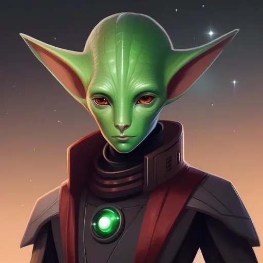 Prompt:  A young cathar alien of a star wars. Vaguely humanoid. He has dark red fur and milky skin. He wears a scifi suit and has green eyes. Detailed, well draw face, Smooth skin. rpg art. Star wars art. 2d art. 2d