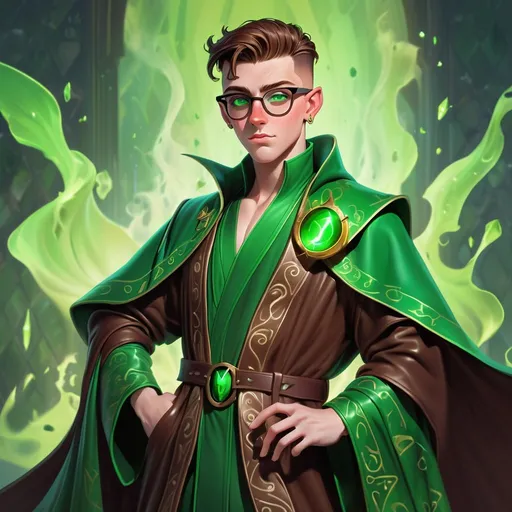 Prompt: light rice paper::3, a pictute of an irish androgynous caucasian male sorcerer, very short dark brown slicked back pompadour undercut hair with shaved sides, in a wizard robe, wearing round glasses, green shades with emerald lenses, dark female makeup, freckled, milky skin, 2d art by James Gurney,