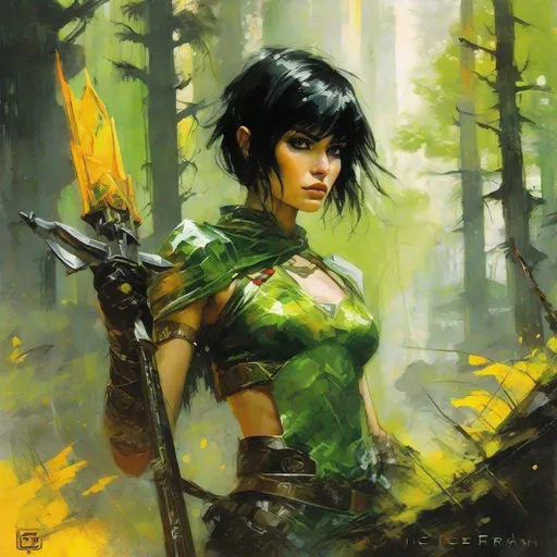 Prompt: fantasy book cover, a black haired tiny, skinny and willowy and pretty, green skinned orc female, big large yellow eyes, extraterrestrial, intricate black spandex underwear, short bob haircut, iron palace gray metal, landscape beautiful pine forest, Carne Griffiths, Michael Garmash, Frank Frazetta, Castle Background, Victo Ngai, Detailed, Vibrant, Sharp Focus, Character Design, Wlop, Kuvshinov, Character Design, TXAA, 32k, Highly Detailed, Dynamic Pose, Intricate Motifs, Organic Tracery, Perfect Composition, Digital Painting, Artstation, Smooth, Sharp Focus, Illustration, hyperdetailed, greg rutkowski