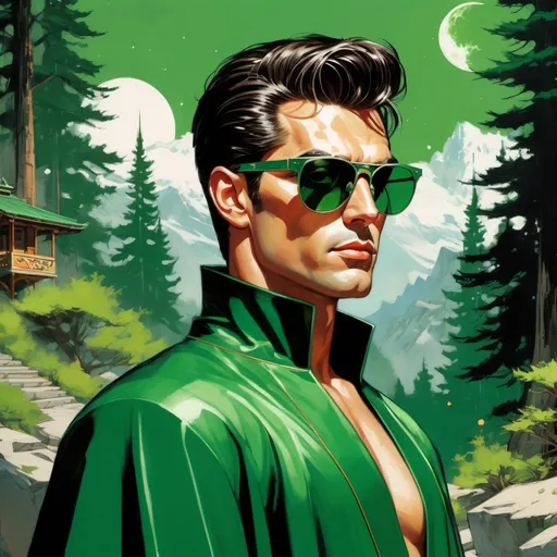 Prompt: retro futuristic soviet silk screen pulp fiction fantasy comic book cover, a dark chesnut haired male sorcerer very short slicked back pompadour undercut hair, mage, tall and willowy and pretty, soft freckles, big large green eyes, wizard, intricate emerald and green robe, wearing round retro shades with green lenses, old fashioned emerald sunglasses, iron palace gray metal, landscape beautiful pine forest, Carne Griffiths, Michael Garmash, Frank Frazetta, Castle Background, Victo Ngai, Detailed, Vibrant, Sharp Focus, Character Design, Wlop, Kuvshinov, TXAA, 32k, Highly Detailed, Dynamic Pose, Intricate Motifs, Organic Tracery, Perfect Composition, Digital Painting, Artstation, Smooth, Sharp Focus, Illustration, hyperdetailed, greg rutkowski