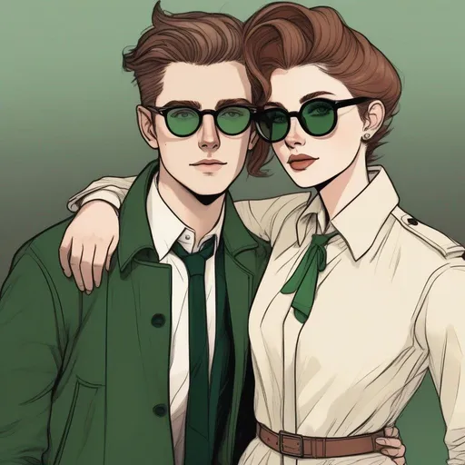 Prompt: full body shot shot of a young {man} with moderate length brown pompadour hair and pale skin, wearing a dark brown trench jacket and white collared shirt with a plack tie, black pants and black boots, round glasses, green shades with emerald lenses, handsome; he is hugging a petite woman with very short chestnut pixie undercut and tannedskin. rpg art. Star trek art. 2d art. 2d