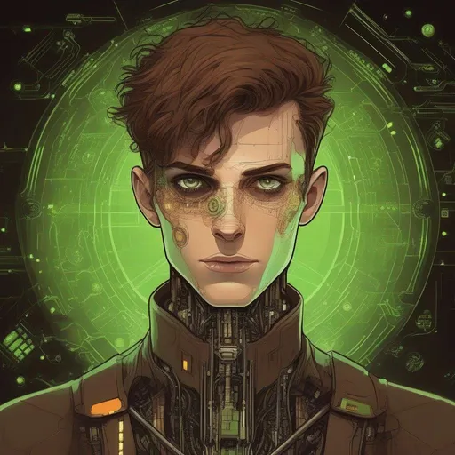 Prompt: light rice paper::3, irish androgynous feminine young caucasian teenage male boy sorcerer, cyberpunk borg with circuits and sockets on his body and tubed prosthetics, very short dark brown pompadour hair, wizard mantles, dark women's makeup, freckled, pale skin, art, circle, one color background, by Hokusai and James Gurney,