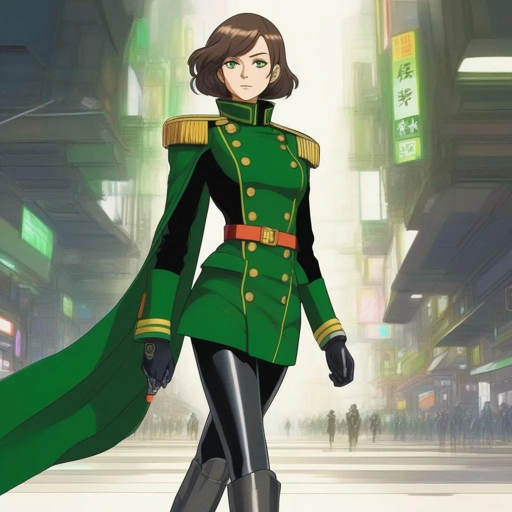 Prompt: Whole body. Full Figure, from distance. a Young noble woman in 21th century, Dark Green scifi uniform. Cute. short chetnut pixie hairs. emerald eyes. Akira art. Anime art. Captain Harlock art. Leiji Matsumoto art. 2d art. 2d. well draw face. detailed.