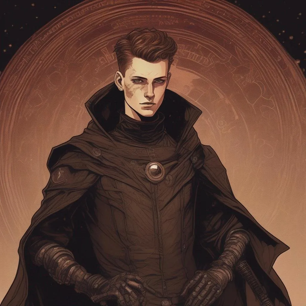 Prompt: light rice paper::3, irish androgynous feminine young caucasian teenage male sorcerer, cyberpunk borg with prosthetic limbs, very short dark brown slicked back pompadour undercut hair with shaved sides, wearing a wizard mantle, dark female makeup, freckled, milk skin, art, circle, one color background, by Hokusai and James Gurney,