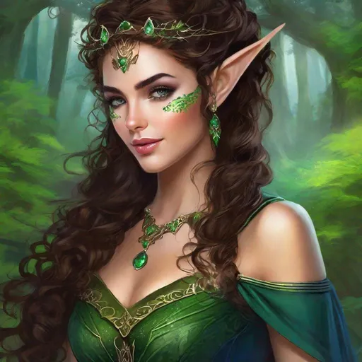 Prompt: fantasy book cover, a dark chesnut haired elven princess with brown highlights in her very extremely er long short messy curly pixie hair, elf fae, tall and willowy and pretty, soft freckles, big large green eyes, pointed ears, intricate blue and green gown, pointy elvish ears, iron palace gray metal, landscape beautiful pine forest, Art by Gil Elvgren, Carne Griffiths, Michael Garmash, Frank Frazetta, czberpunk Background, Victo Ngai, Detailed, Vibrant, Sharp Focus, Character Design, Wlop, Kuvshinov, Character Design, TXAA, 32k, Highly Detailed, Dynamic Pose, Intricate Motifs, Organic Tracery, Perfect Composition, Digital Painting, Artstation, Smooth, Sharp Focus, Illustration, hyperdetailed, greg rutkowski