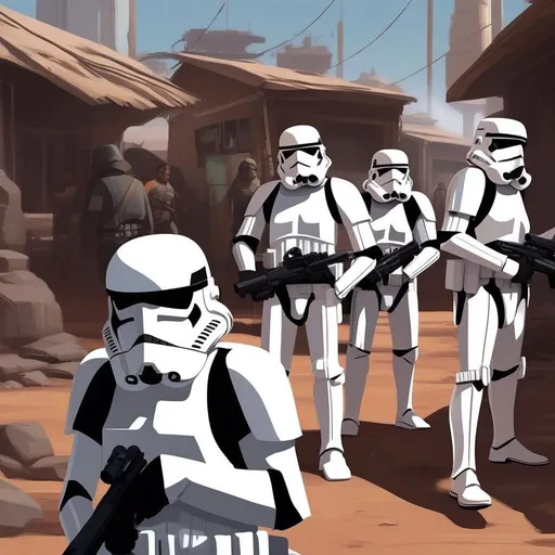 Prompt: a squad of star wars stormtroopers arresting a caucasian male captain with brown hair. In background a scifi slum. Star wars art. rpg. rpg art. 2d art. 2d.