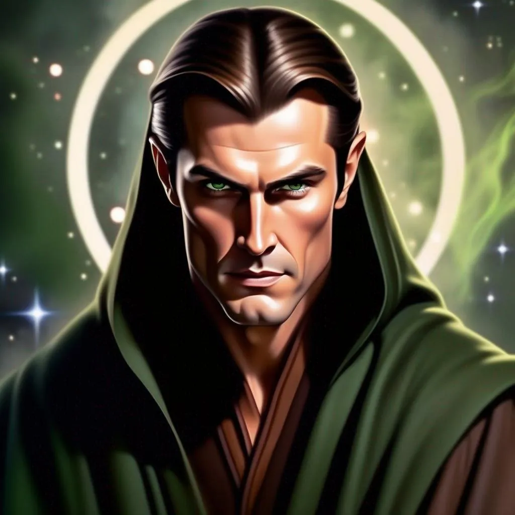 Prompt: detailed character, full body portrait of a muscular male sorcerer, round face, broad cheeks, extremely short brown slicked back pompadour undercut, green eyes smirking, wearing dark green wizard robes, on smoky blurred background, star wars art. 2d art. 2d, completely matte,