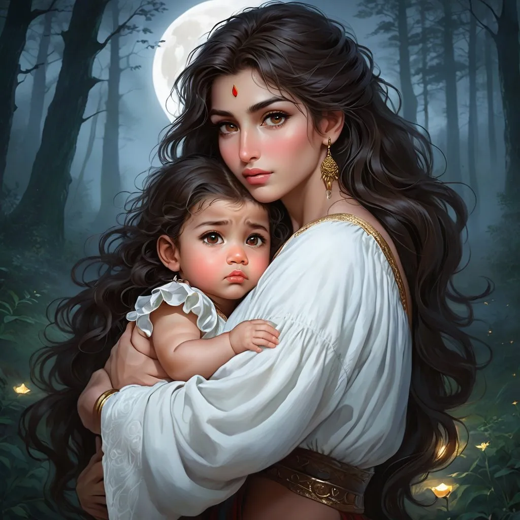 Prompt: highest quality anime art masterpiece, digital drawing, Azerbaijani woman with long black thick wavy messy hair:vistani, carrying a child in her arms, round face, broad cheeks, sad in a forest on a dark foggy night, big brown eyes, tanned skin:2, waxing moon, huge long wide broad hooked greek aquiline algerian oriental arabic nose, flat chest, ethereal, jewelry set, highres, realistic, highly detailed, fantasy, gypsy, roma, D&D, Ravenloft, by Ilya Kuvshinov