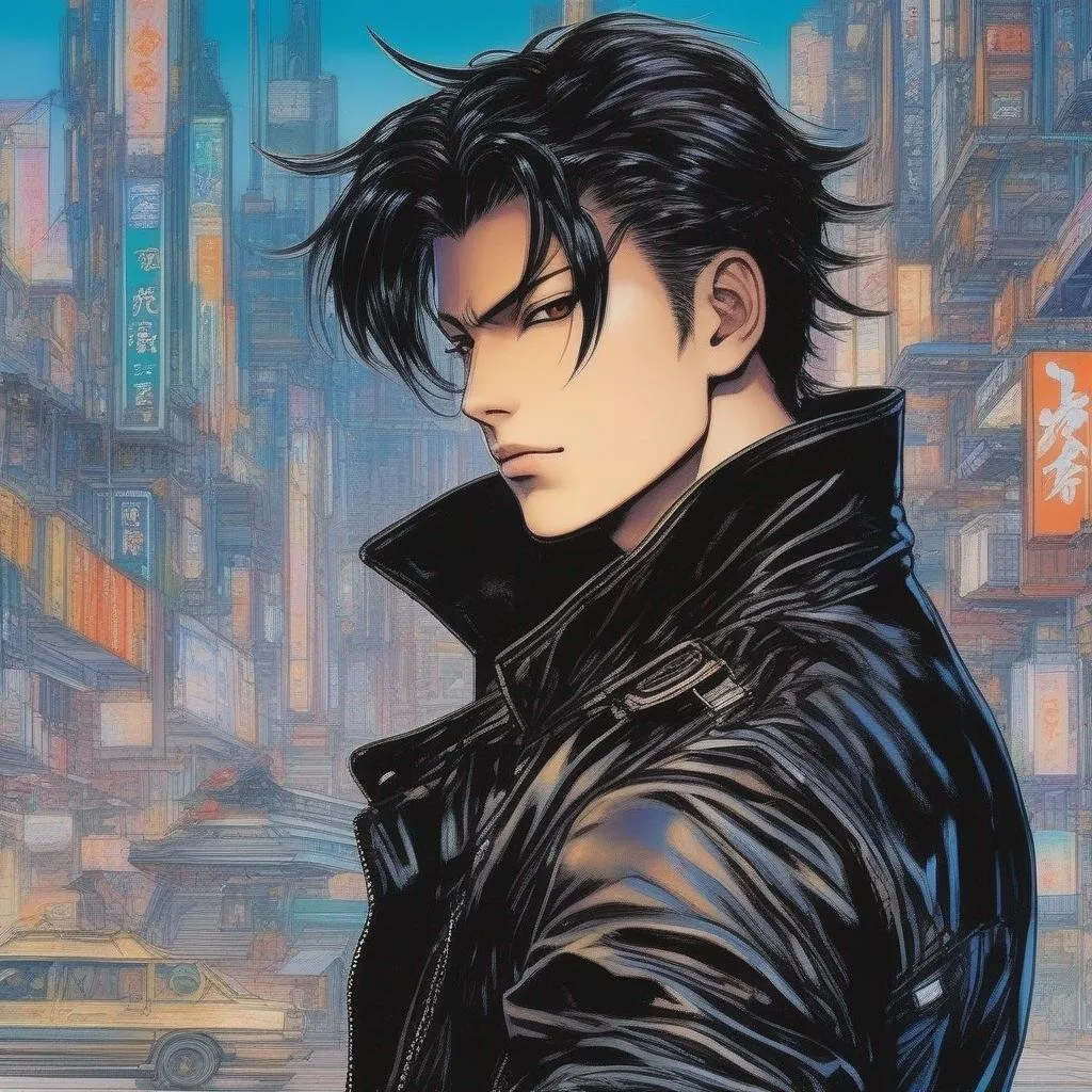 Prompt: An adult man, male scifi pilot. He has extremely short slicked back brown pompadour undercut haircut with trimmed whiskers. birthmarks, futiristic fully dark entirely jet black leather jacket. Handsome. well drawn face. emerald cat eyes, detailed. Ghost in the shell art. Masamune Shirow art. anime art. Leiji Matsumoto art. Akira art. Otomo art. 2d. 2d art.