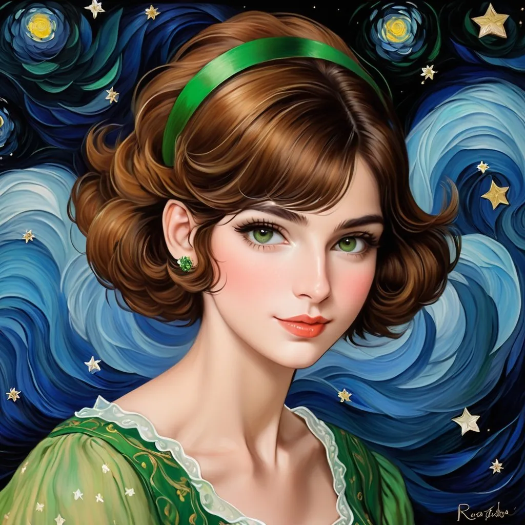 Prompt: renoir luncheon of the vaudeville starry night by van gogh, female with huge big long hooked aquiline arabian nose, round face, broad cheeks, green eyes, very short brown wavy pixie undercut hair, 