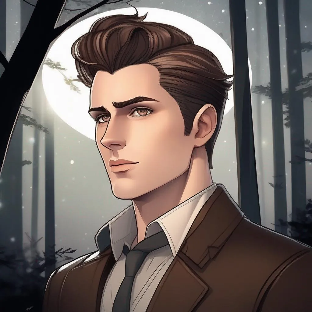 Prompt: highest quality anime art masterpiece, digital drawing, caucasian man with very short brown slicked back pompadour undercut hair:vistani, melancholic, in a forest on a dark foggy night, bid sad slant brown eyes, pale milky skin:2, waxing moon, round face, broad cheeks, ethereal, jewelry set, highres, realistic, highly detailed, fantasy, european, irish, D&D, Ravenloft, by Ilya Kuvshinov