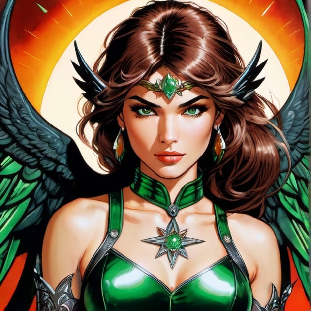 Prompt: soviet art, angelic demigodess witchblade, very extremely short trimmed ear long chestnut brown wavy messy pixie undercut hair with shaved sides, shaven haircut with cutouts, huge big long nose, spread dark angel wings, in the asterism sky, anthracite medieval armor with geoglyph engraves and emerald gemstones on it, in action, with a lumino kinetic green electricity glowing sword, very tiny small little flat teenage chest, slim waist, thick thighs, retro pop-up silkscreen print comic book cover by barry windsor-smith, fairytale couture, dark fantasy, celestialpunk 