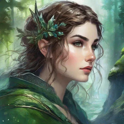 Prompt: fantasy book cover, a dark chesnut haired elven princess with brown highlights in her very extremely short messy wavy bob hair, pale elf fae, tall and willowy and pretty, soft freckles, big large green eyes, pointed ears, intricate blue and green gown, pointy elvish ears, iron palace gray metal, landscape beautiful pine forest, Carne Griffiths, Michael Garmash, Frank Frazetta, Castle Background, Victo Ngai, Detailed, Vibrant, Sharp Focus, Character Design, Wlop, Kuvshinov, Character Design, TXAA, 32k, Highly Detailed, Dynamic Pose, Intricate Motifs, Organic Tracery, Perfect Composition, Digital Painting, Artstation, Smooth, Sharp Focus, Illustration, hyperdetailed, greg rutkowski