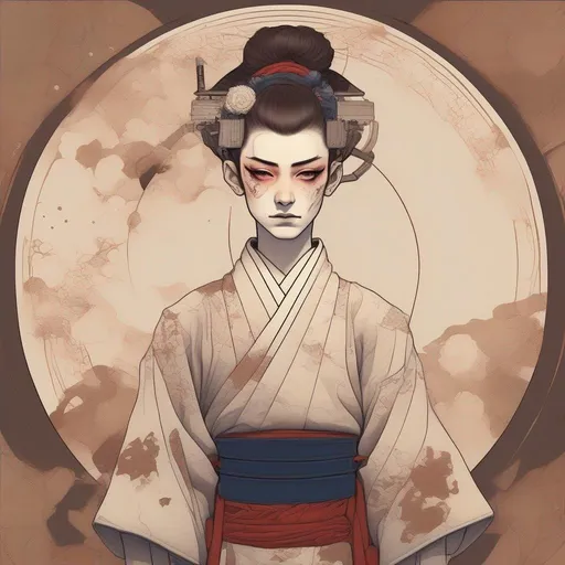 Prompt: full body image of a tall Japanese androgynous feminine young caucasian teenage male boy geisha, slightly masculine, cyberpunk cyborg with open body parts, very short brown sliked back pompadour undercut hair, female kimono, full makeup, limitless, art, circle, one color background, by Hokusai and James Gurney,