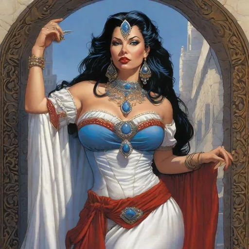 Prompt: A D&D 2e style illustration of a pale mexican female queen, thick thigh, curvy, buxom, pale white milky skin,  snow white vibe, blue eyes, fantasy, DnD, D&D, Pathfinder, style of Vampire, by Clyde Caldwell,