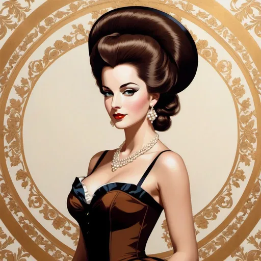 Prompt: a full body portrait. brown haired Marie Antoinette, Head slightly tilted. Her skin is tanned. Melancholy smirk. Minimalist Versailles style. In the style of Patrick Nagel and etched currency portrait. By Gil Elvgren. 