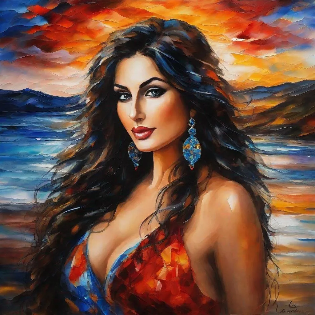 Prompt: An acrylic ink painting, Collage art, a beautiful attractive buxom armenian woman at sunset, black long thick wavy hair, round face, big long huge hooked aquiline arabian nose, enormous chest, Montage, By LEONID AFREMOV, [white : red] shades, [organ: blue] tones , ethereal, centered, 16K, HQ, perspective, insanely detailed and intricate, hyper realistic, trending on cgsociet