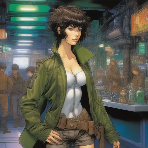 Prompt: From distance. Whole body, full figure. A young female smuggler with deep brown hair, very short pixie undercut. She wears a brown pilot coat and has a holster on her right leg. huge long hoocked aquiline grecian nose, green eyes. In background a noisy scifi cantina. Ghost in the shell art. Masamune Shirow art. anime art. Leiji Matsumoto art. Akira art. Otomo art. 2d. 2d art.