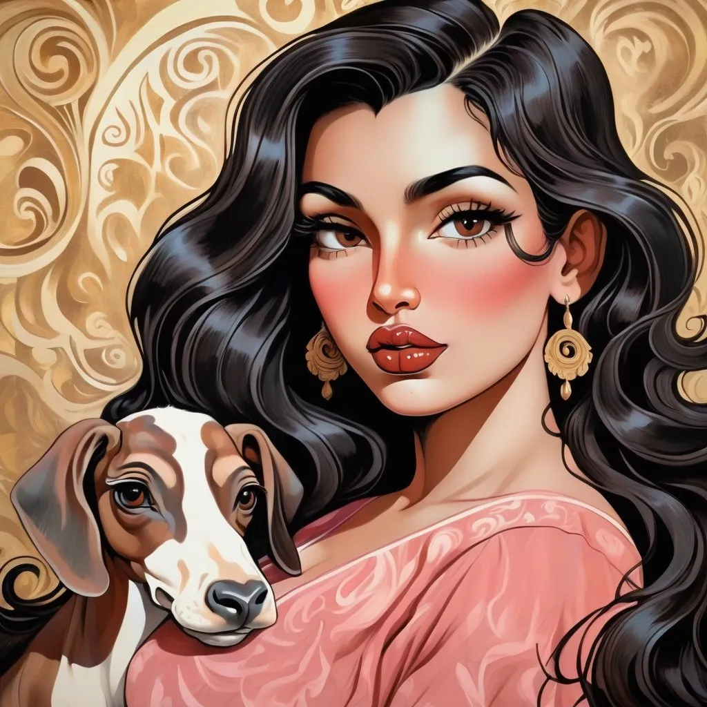 Prompt: Luxurious imperatrice, neo-fauvist screenprint. armeinian buxom female with huge big long hooked aquiline arabian nose,round face, broad cheeks, brown eyes, long black wavy hair, mocha skin, Beautiful, full pouty thick pumped lips, peachy lipstick holding her baby son, extremely detailed 