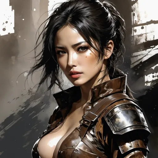 Prompt: (((Yoji Shinkawa))), sticker of ultra detailed portrait of Sarah Shahi, black hair, in brown leather Thief armor, mudd on face, high quality cell shaded illustration in post apocalyptic style by Yoji Shinkawa, ((full body)), dynamic pose, perfect anatomy, centered, freedom, soul, blonde long hair, approach to perfection, cell shading, 4k , cinematic dramatic atmosphere, watercolor painting, global illumination, detailed and intricate environment, artstation, concept art, fluid and sharp focus, volumetric lighting, cinematic lighting, Art by Yoji Shinkawa,