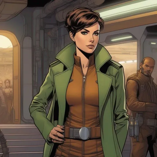 Prompt: From distance. Whole body, full figure. A young female smuggler with deep brown hair, very short pixie undercut. She wears a brown pilot coat and has a holster on her right leg. huge long hoocked aquiline grecian nose, green eyes. In background a noisy scifi cantina. Marvel comics art, (comic art), 2d art. (2d), DC comics art. Well drawn faces, detailed faces.