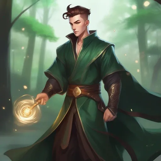 Prompt: A male mage in dark green robes, with very short extremely deep dark brown slicked back pompadour undercut with dark ginger highlights and shaved sides, very pale milky skin. He fights with a magic staff and casts magic spells, potions on his belt, soft feminine body features. Smooth skin, detailed, well drawn face. Rpg art. 2d art. 2d.