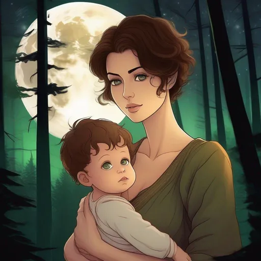 Prompt: highest quality anime art masterpiece, digital drawing, caucasian woman with very short brown thick wavy messy pixie hair:vistani, carrying a balding bald hairless newborn baby boy in her arms, sad, in a forest on a dark foggy night, big green eyes, tanned skin:2, waxing moon, huge long wide broad hooked greek aquiline algerian oriental arabic nose, flat chest, ethereal, jewelry set, highres, realistic, highly detailed, fantasy, gypsy, roma, D&D, Ravenloft, by Ilya Kuvshinov